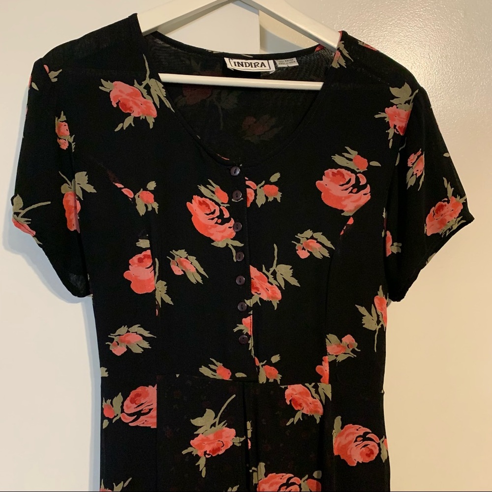Indira L rayon midi dress ditzy floral flowers roses button front lined soft - Picture 2 of 14